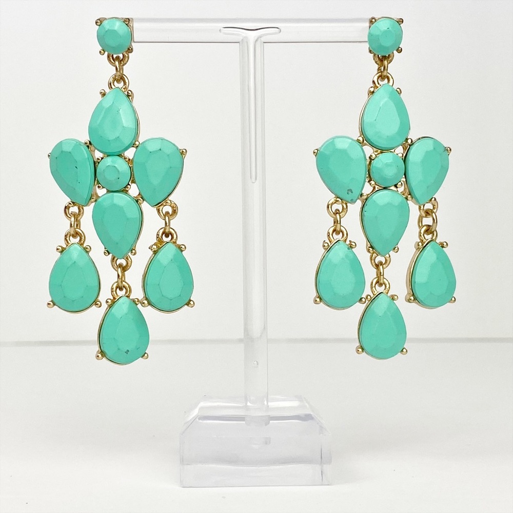 Faceted Mint Green and Gold Chandelier Statement Earrings